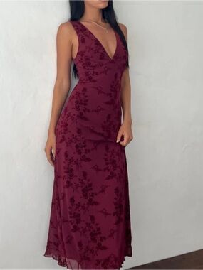 Motel Rocks Gabriela Dress Midi Botanical Flower Maroon Small Mesh Whimsigoth